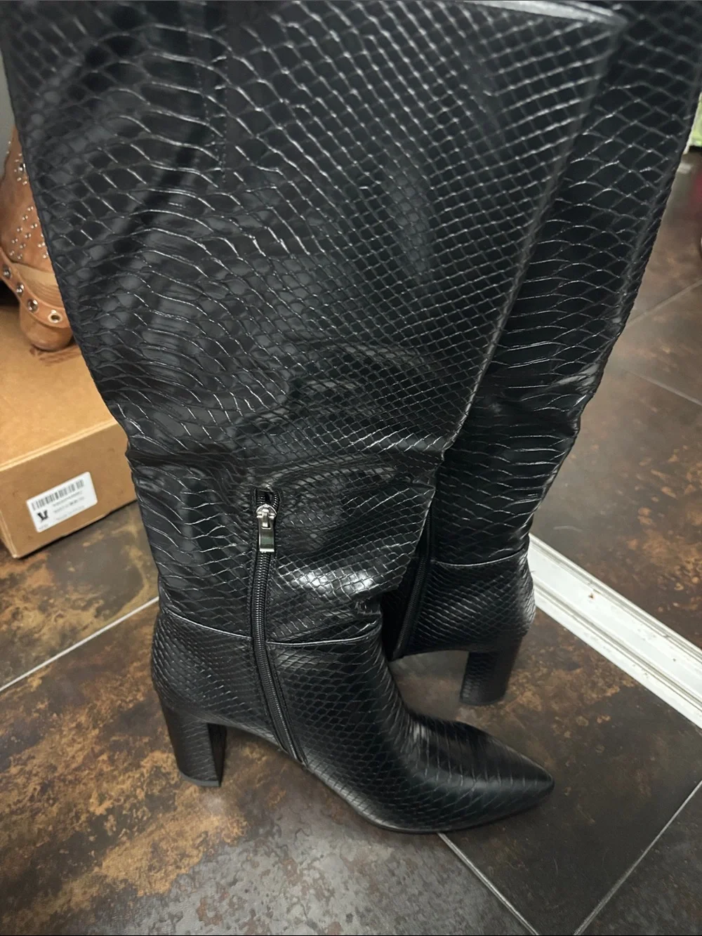 Black Snake-Embossed Knee-High Boots -  Women